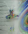 Glasfusing Wand-Object -STREET OF DREAMS- op hardglazen paneel met full colour fotoprint. · Afm. H 60 x B 50 cm.